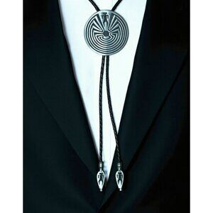Man In Maze Bolo Tie Braided Cord Silver Tone Metal Tips Aztec Southwestern Hopi